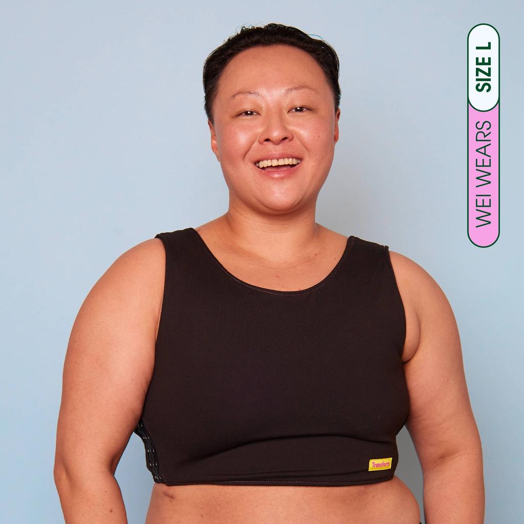 Wei wearing our maximum compression, adjustable and breathable chest binder - front view
