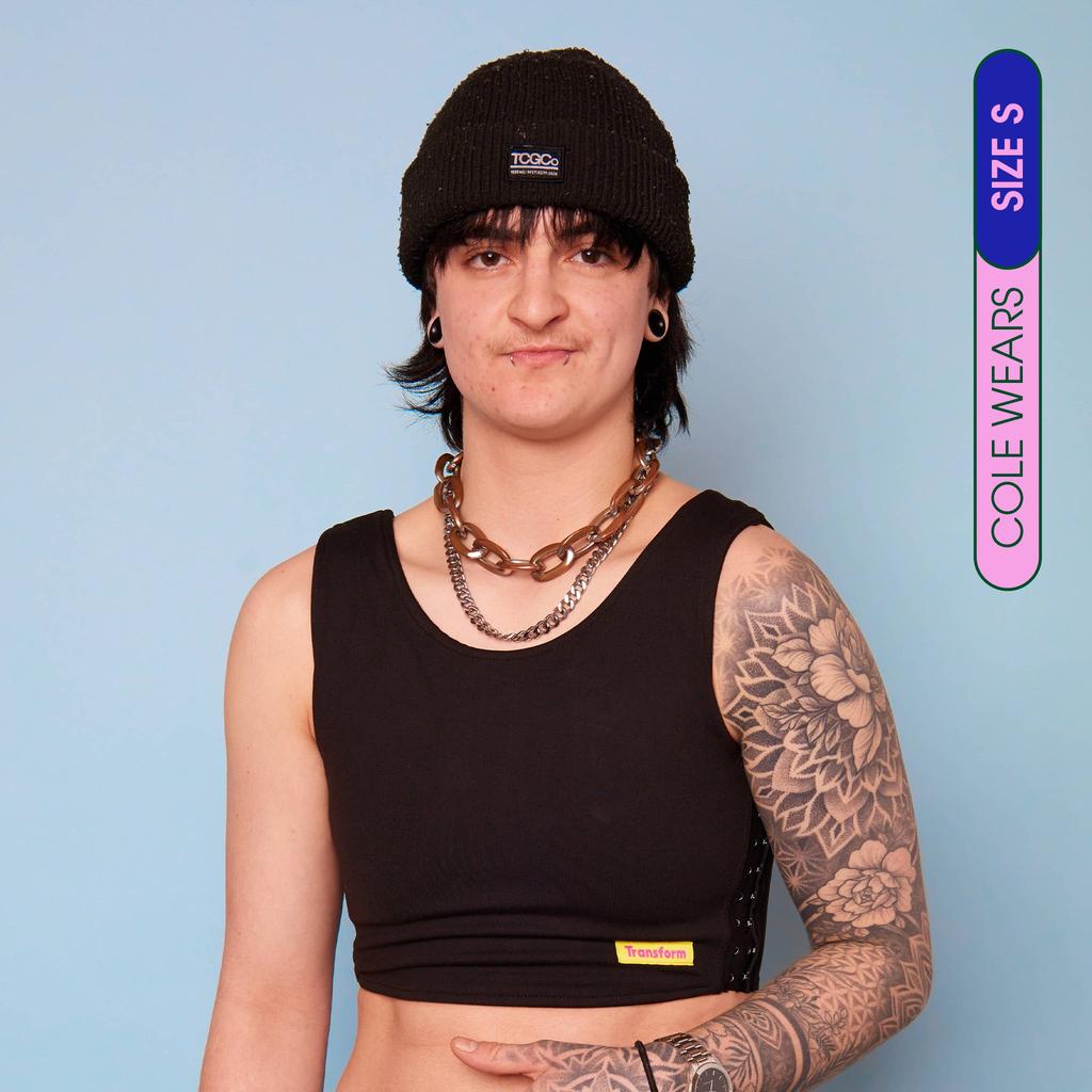 Cole wearing our maximum compression, adjustable and breathable chest binder - front view