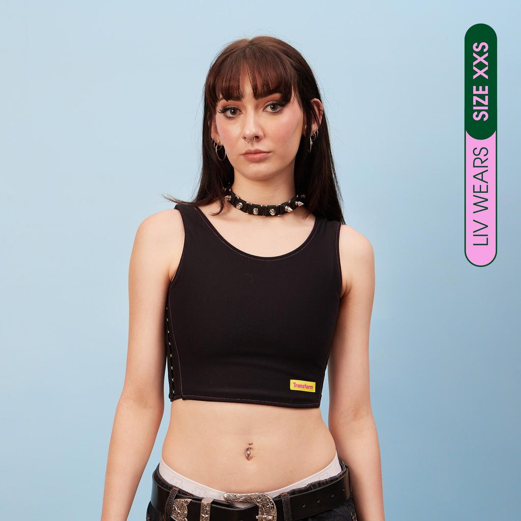Liv wearing our maximum compression, adjustable and breathable chest binder - front view