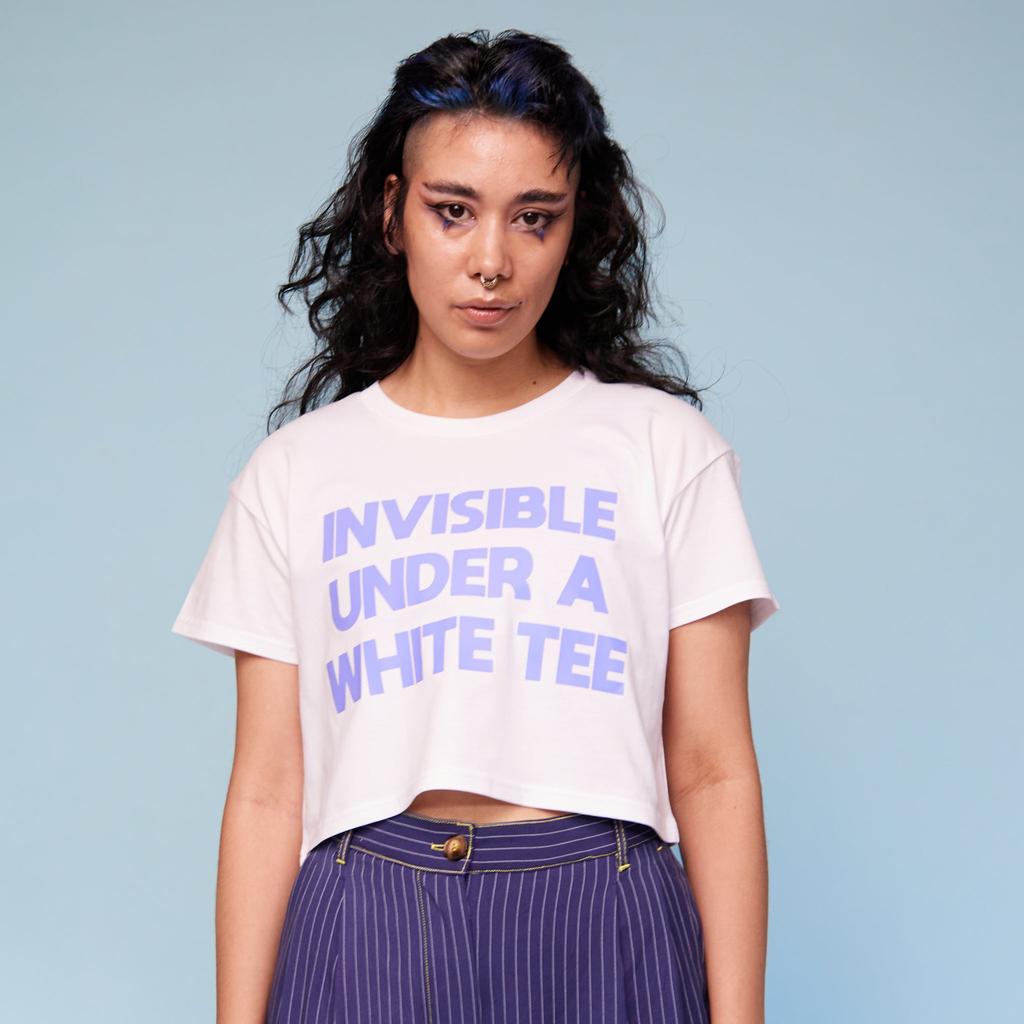 Model wearing Chest Binder Lavender under T-Shirt