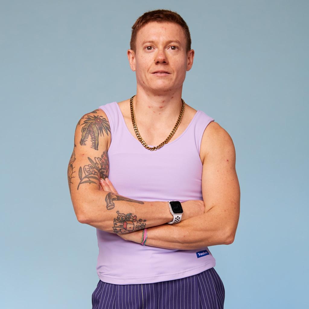 Model wearing Lavender Chest Binder Tank - front view