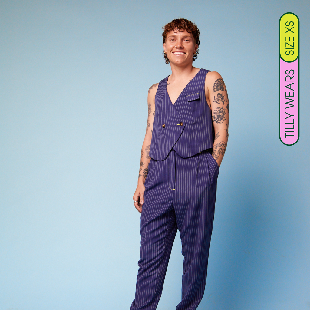 Tilly Lucas-Rodd wearing our Tripp Pants and vest - front view