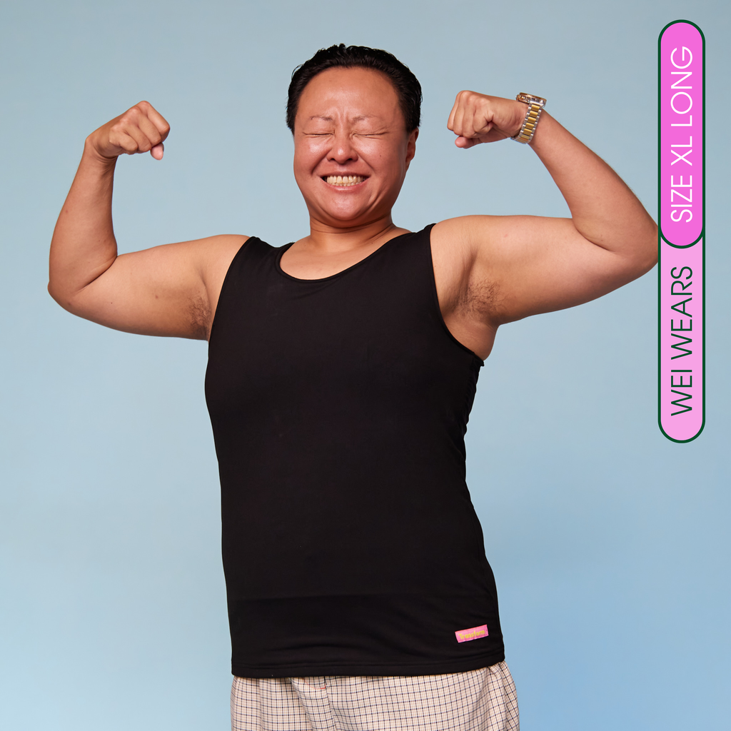 Wei wearing long, breathable tank chest binder - front view
