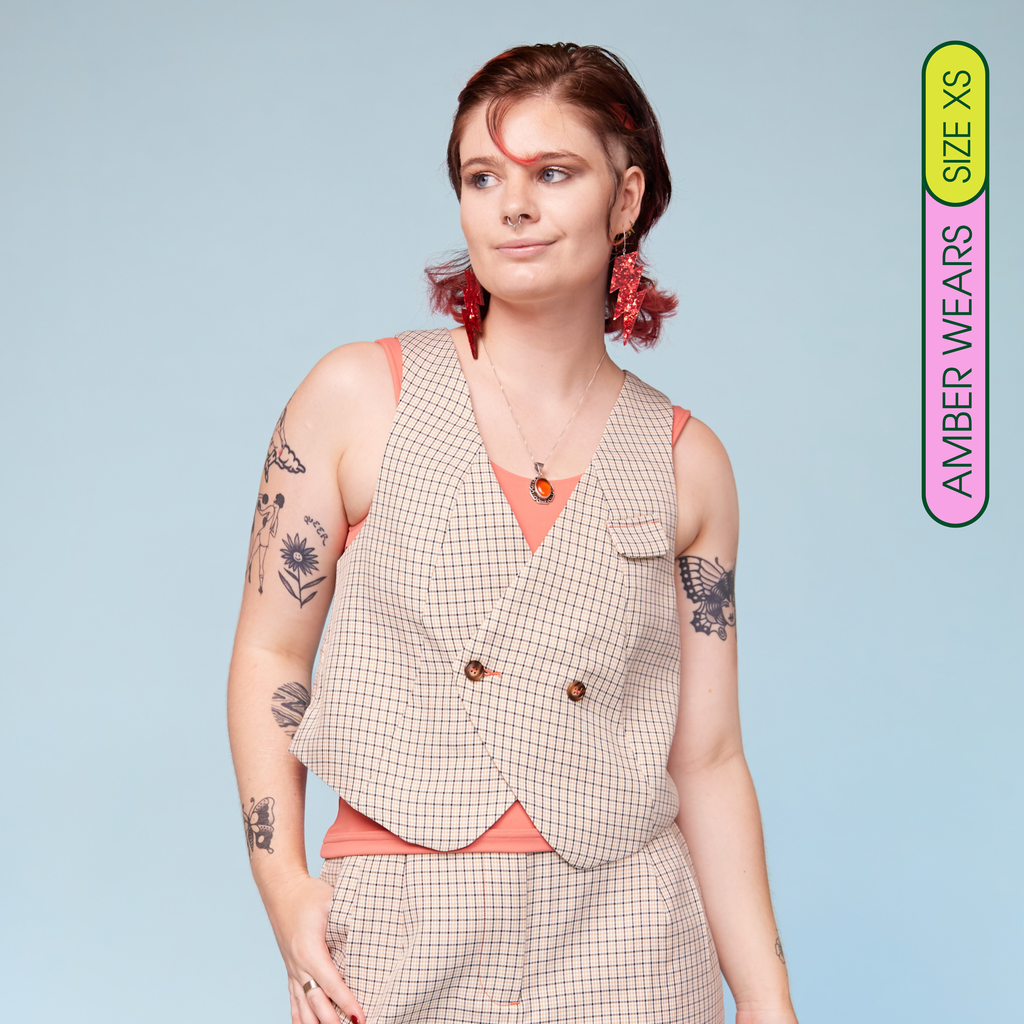 Amber wearing Trans Masc Suit Vest - front view