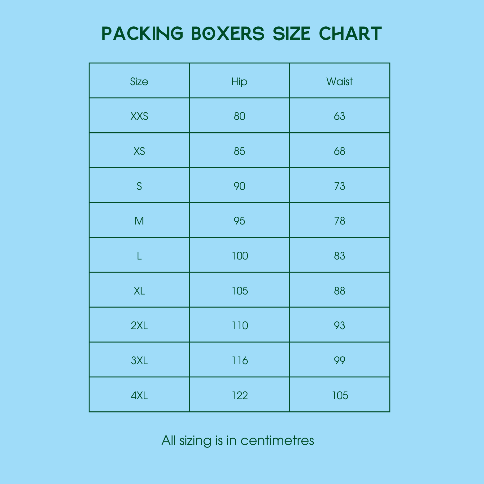 Packing Boxers Size Chart
