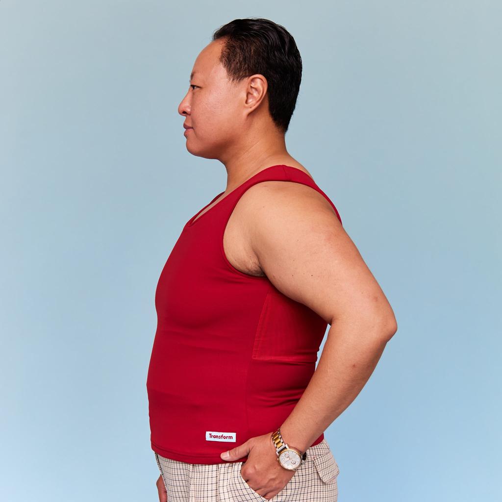 Model Wearing Chest Binder Red - side view