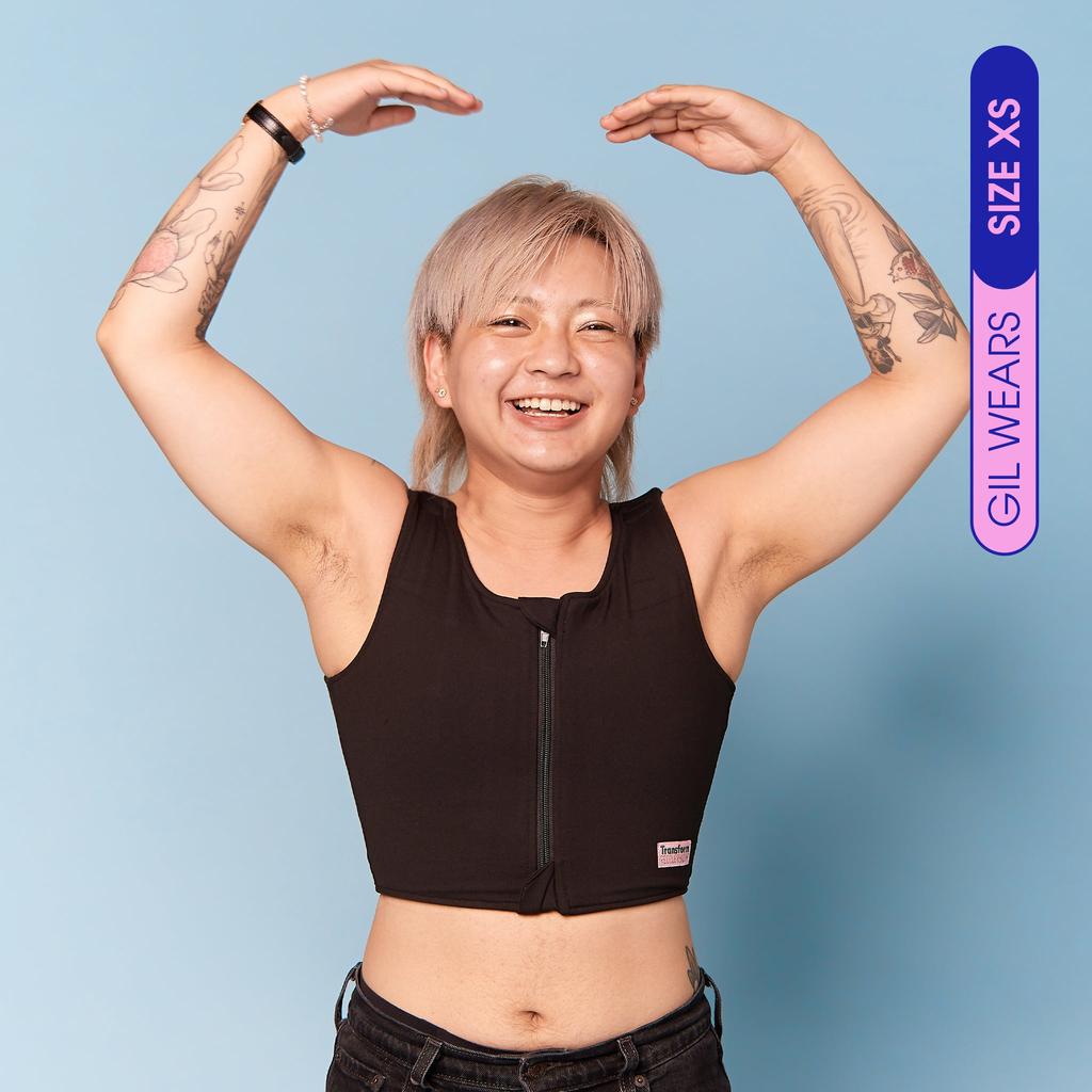Model wearing comfortable Post Surgical Breathable Compression Vest following Top Surgery - front view