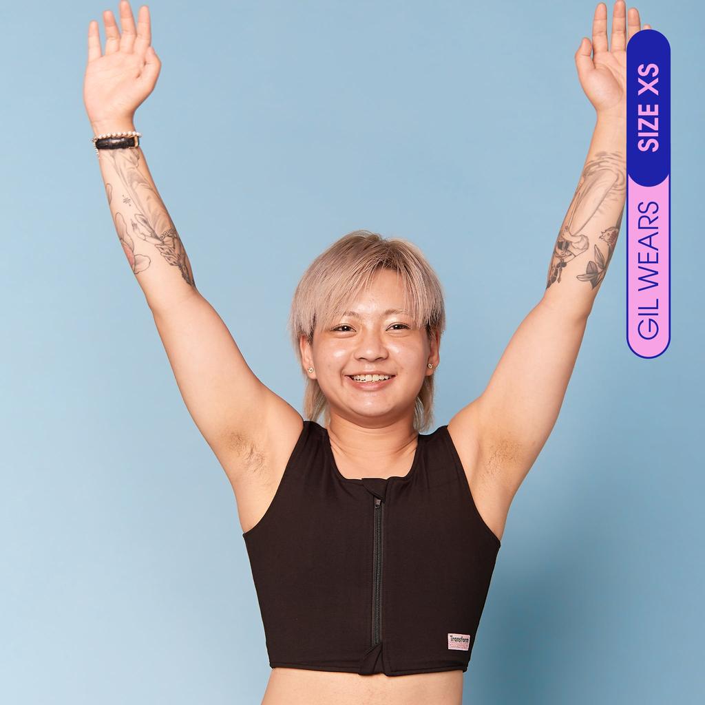 Model wearing comfortable Post Surgical Breathable Compression Vest following Top Surgery - front view