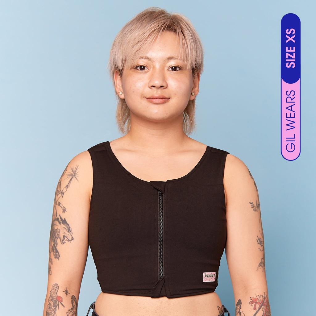 Model wearing comfortable Post Surgical Breathable Compression Vest following Top Surgery - front view