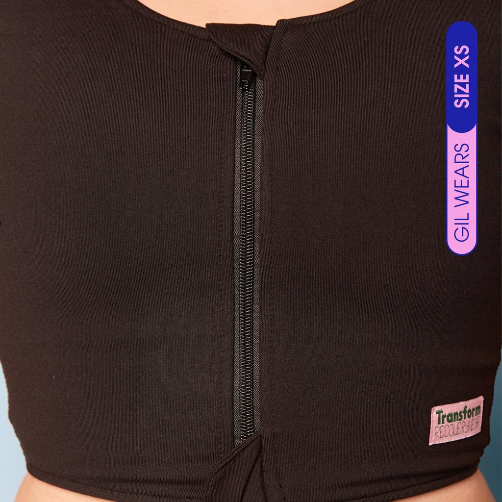 Model wearing comfortable Post Surgical Breathable Compression Vest following Top Surgery - front view