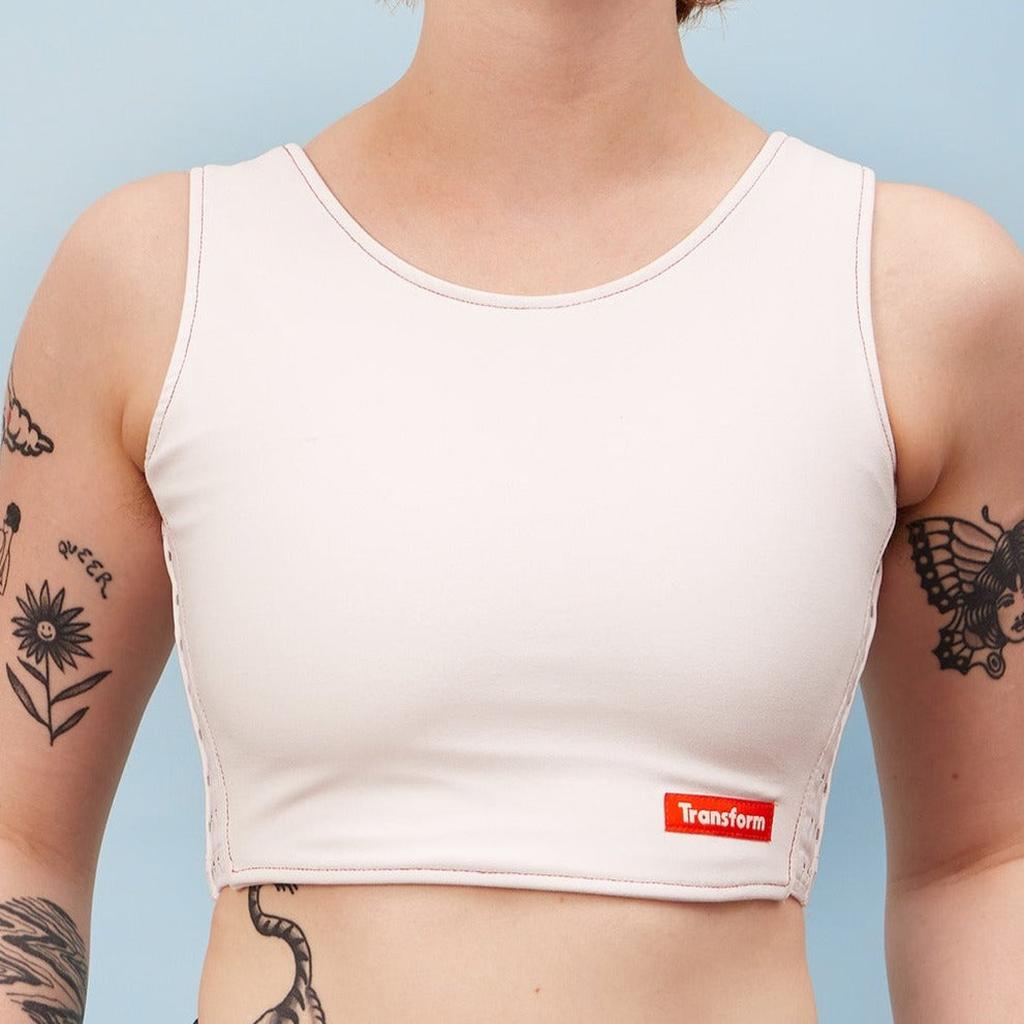 Amber wearing our maximum compression, adjustable and breathable chest binder - close up view