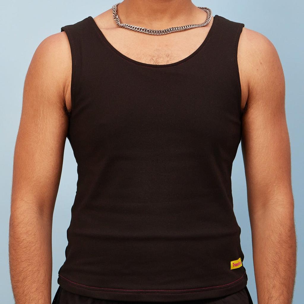 Zade wearing black, breathable chest binder tank - close up view