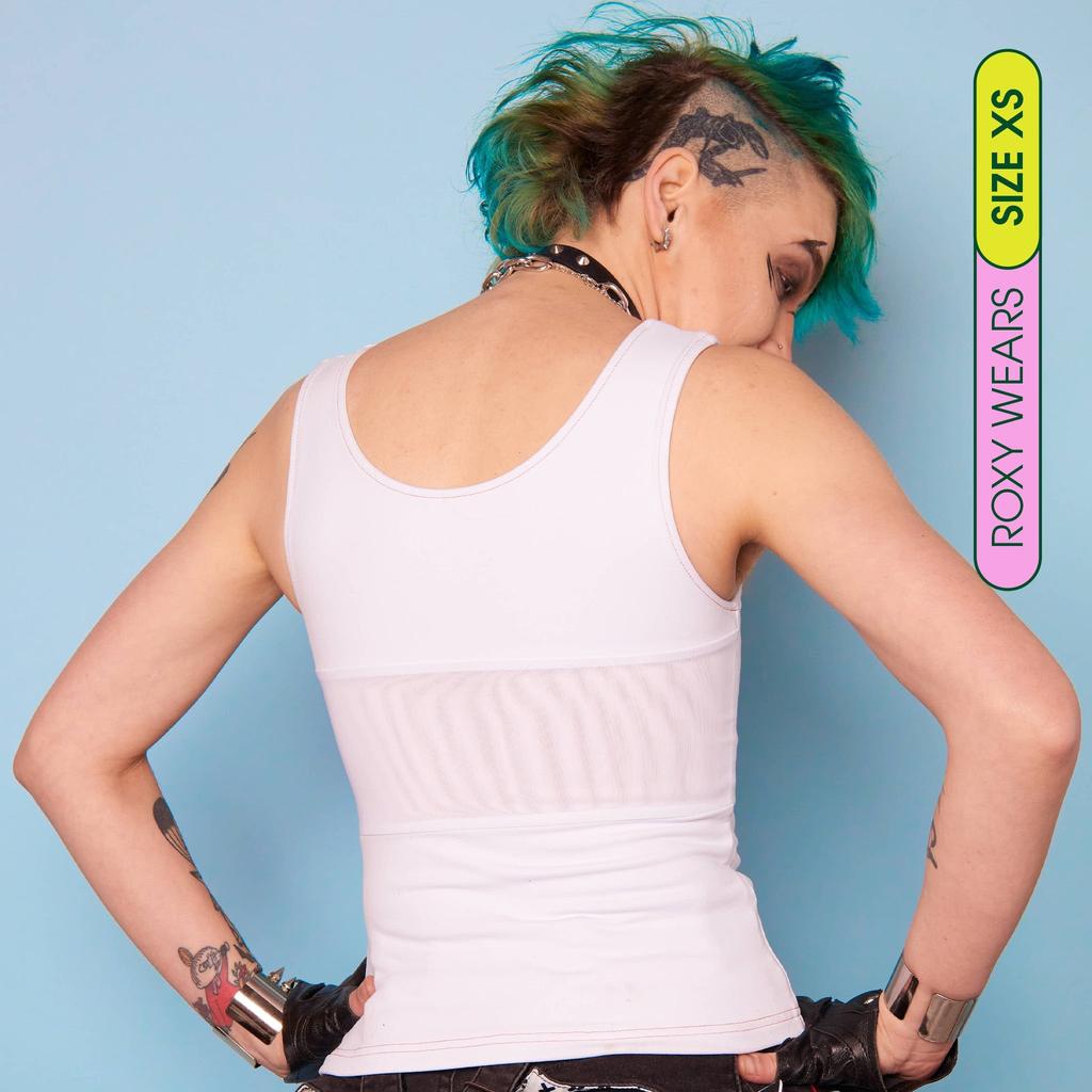 Roxy wearing white, breathable tank chest binder - back view showing breathable panel